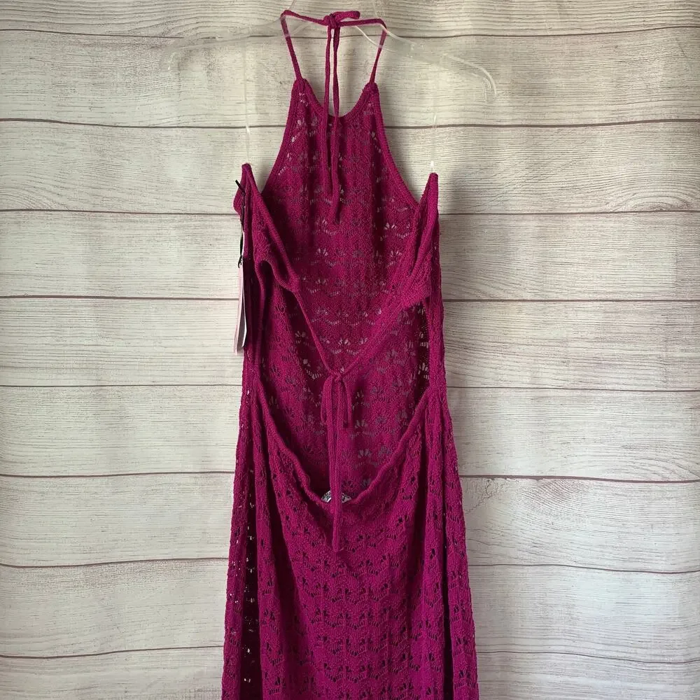 Future Collective Pink Midi Dress Halter Tie Neck Open Knit Crochet Size XL
